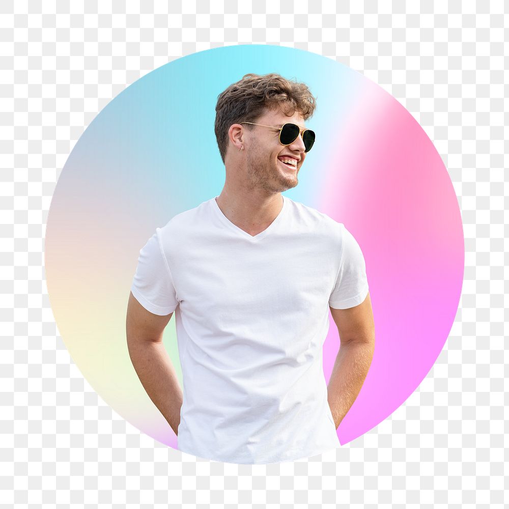 Man wearing sunglasses png, round badge, transparent background