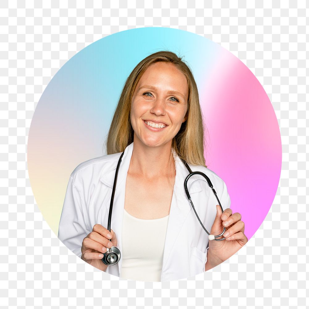 Female doctor png with stethoscope, round badge, transparent background