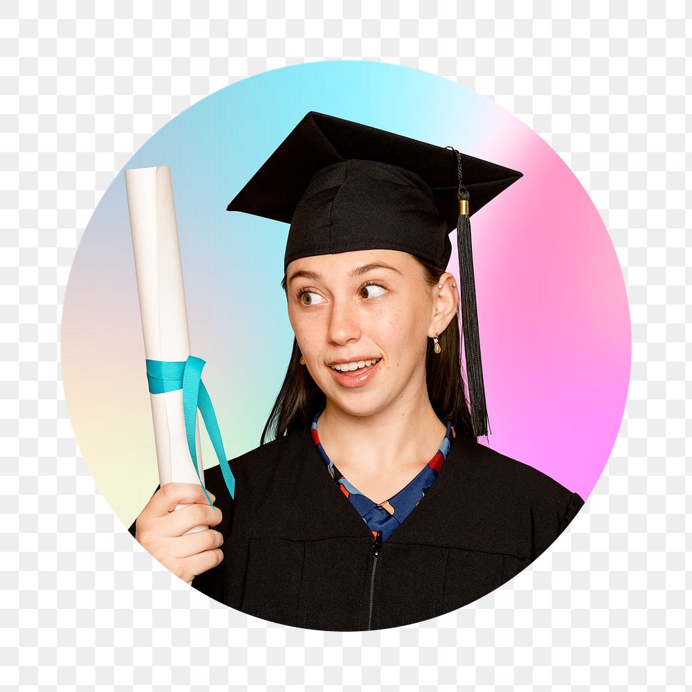 College girl graduation png, round badge, transparent background