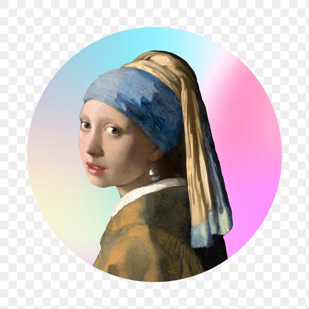 Girl with the pearl earrings png, Vermeer's famous painting on gradient shape background, transparent background, remixed by…