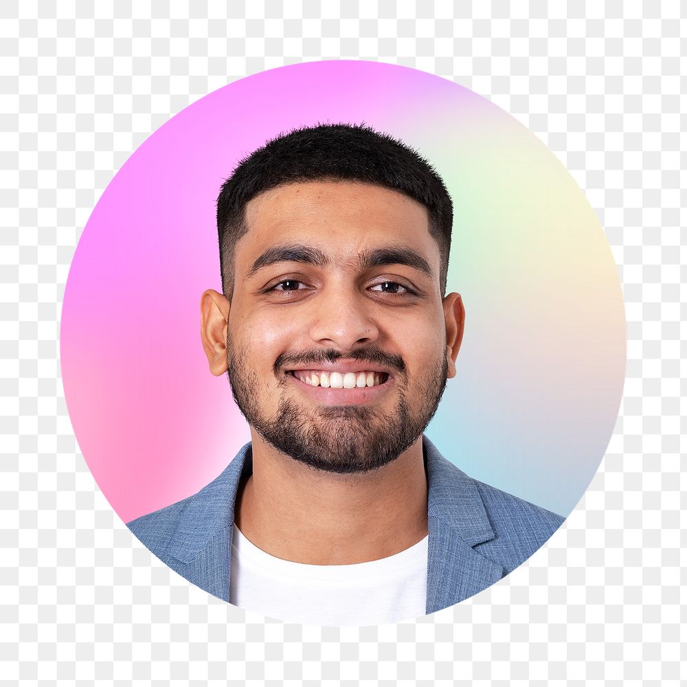 Smiling Indian businessman png, round badge, transparent background