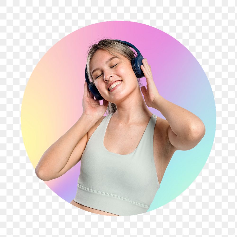 Happy woman listening to music, round badge, transparent background