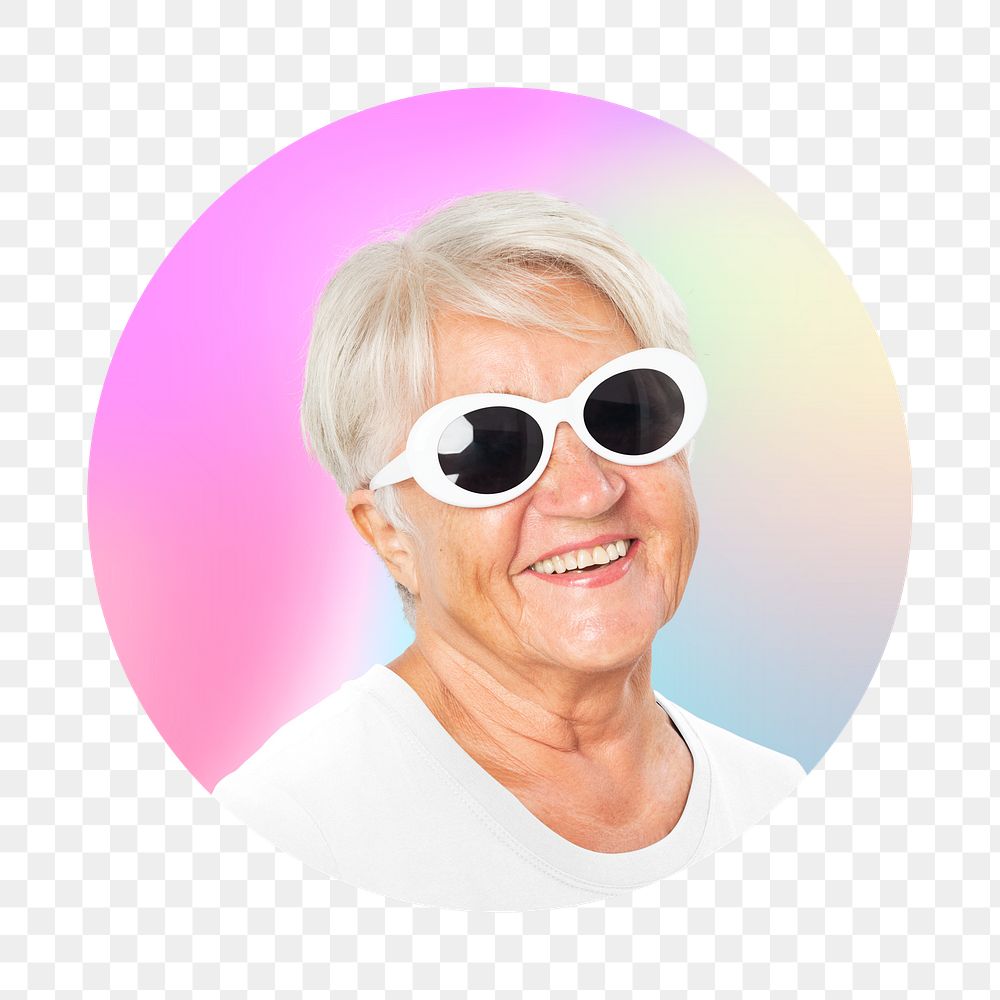 Png fashionable senior woman wearing glasses, round badge, transparent background