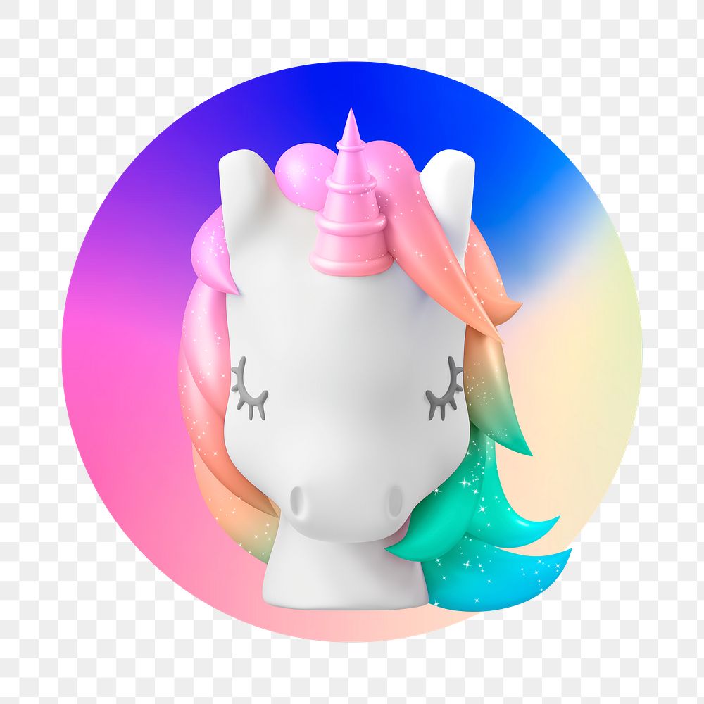 3D unicorn png, round badge, transparent background