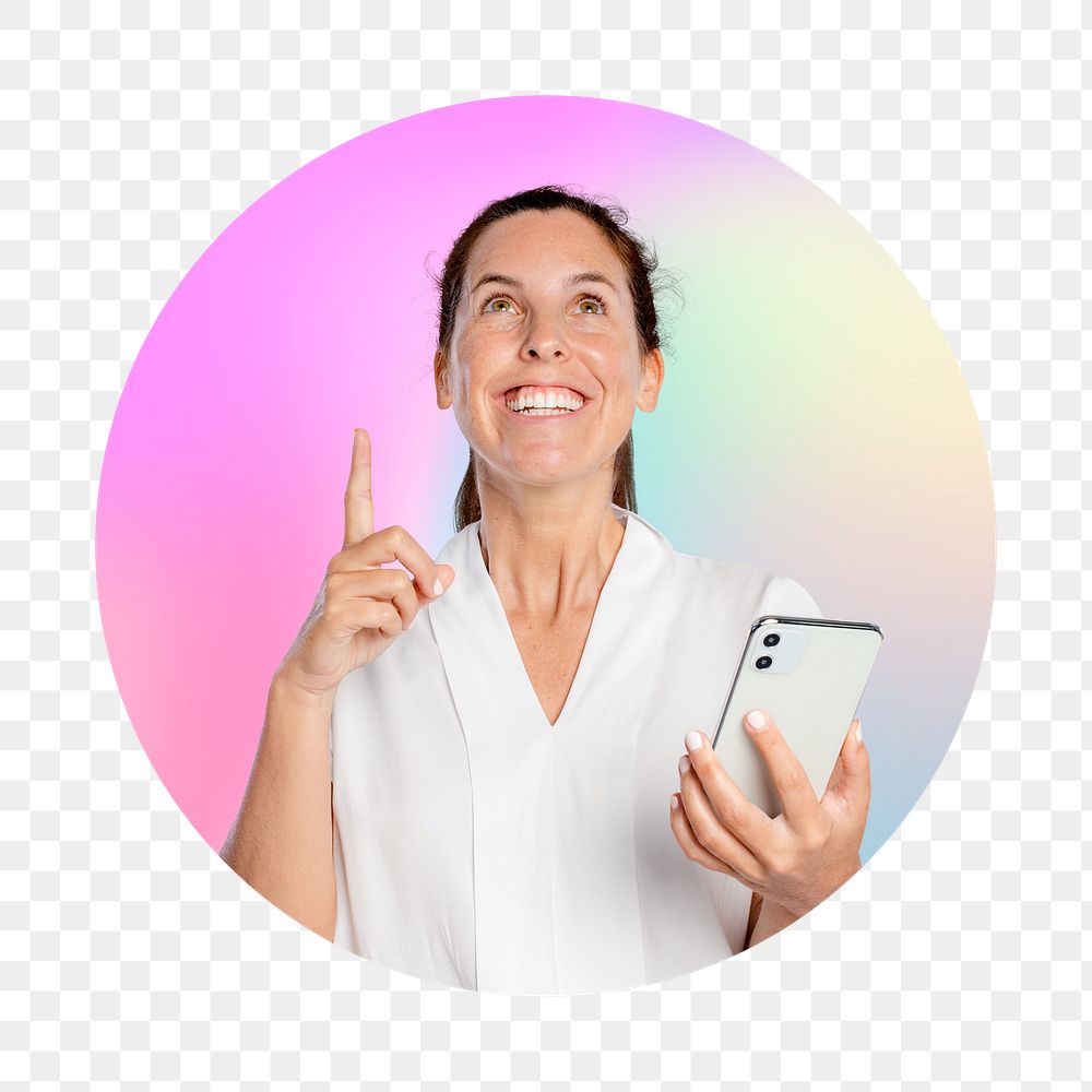Png woman coming up with ideas carrying a phone, round badge, transparent background