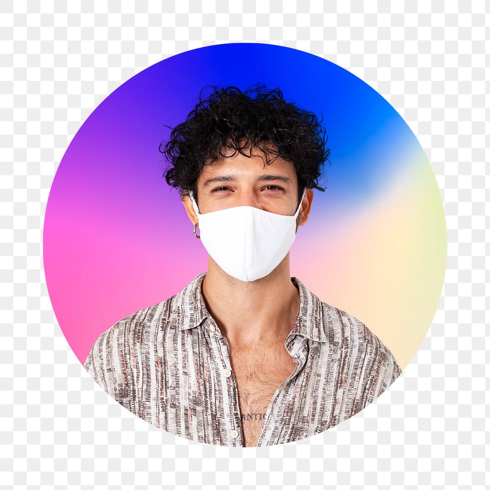 Man wearing mask png, round badge, transparent background