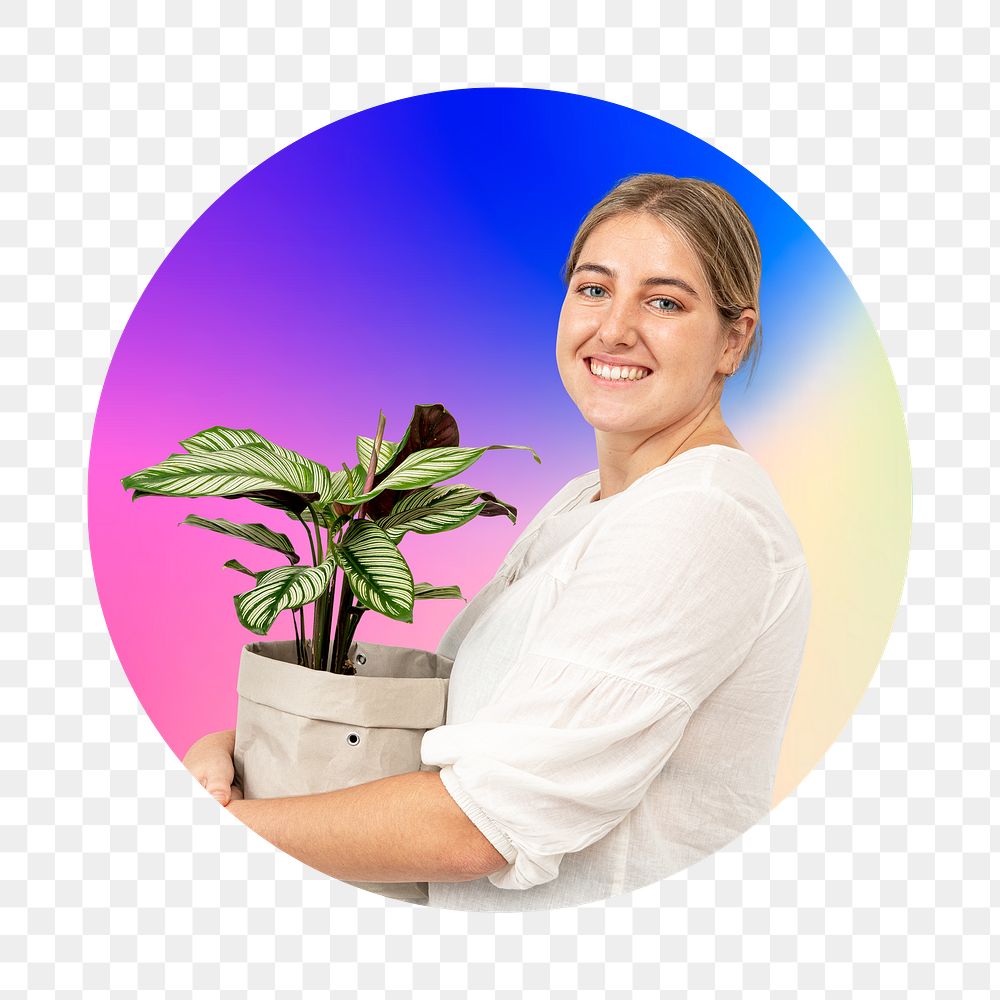 Png woman carrying plant pot, round badge, transparent background