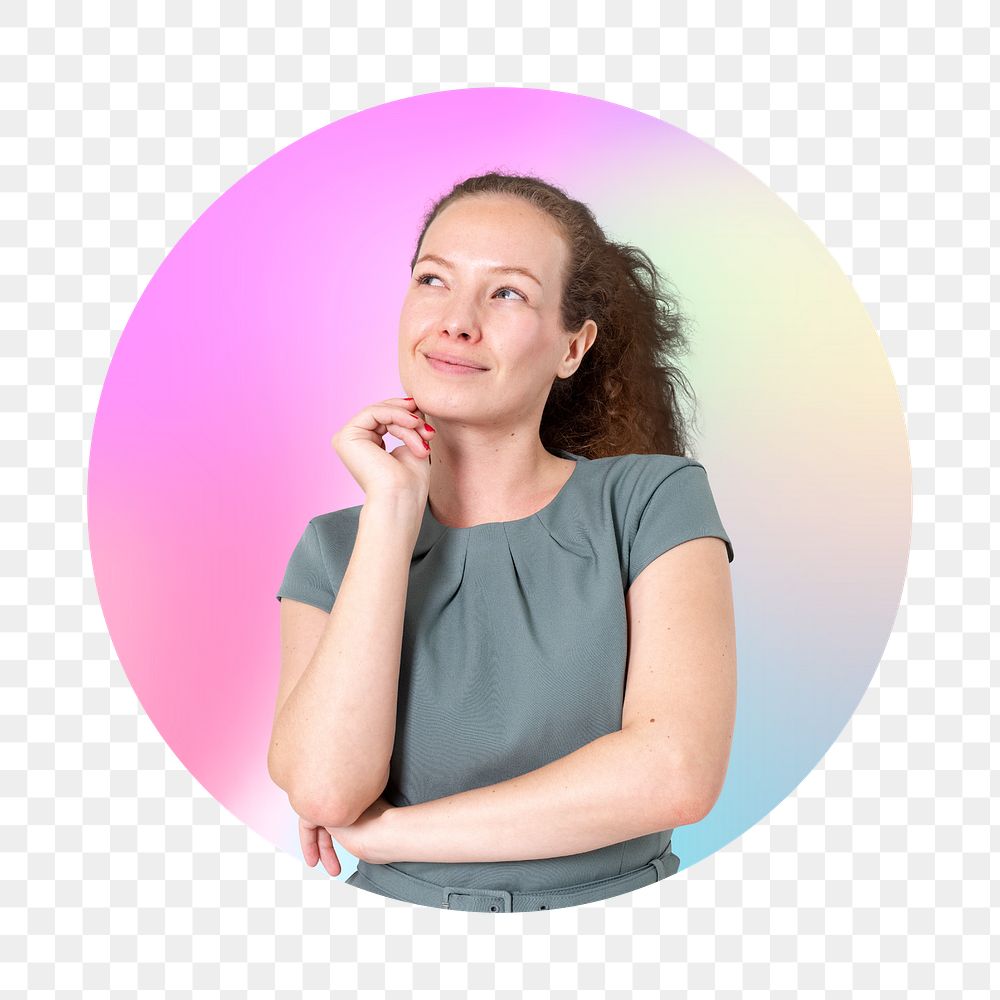 Woman deep in thought png, round badge, transparent background