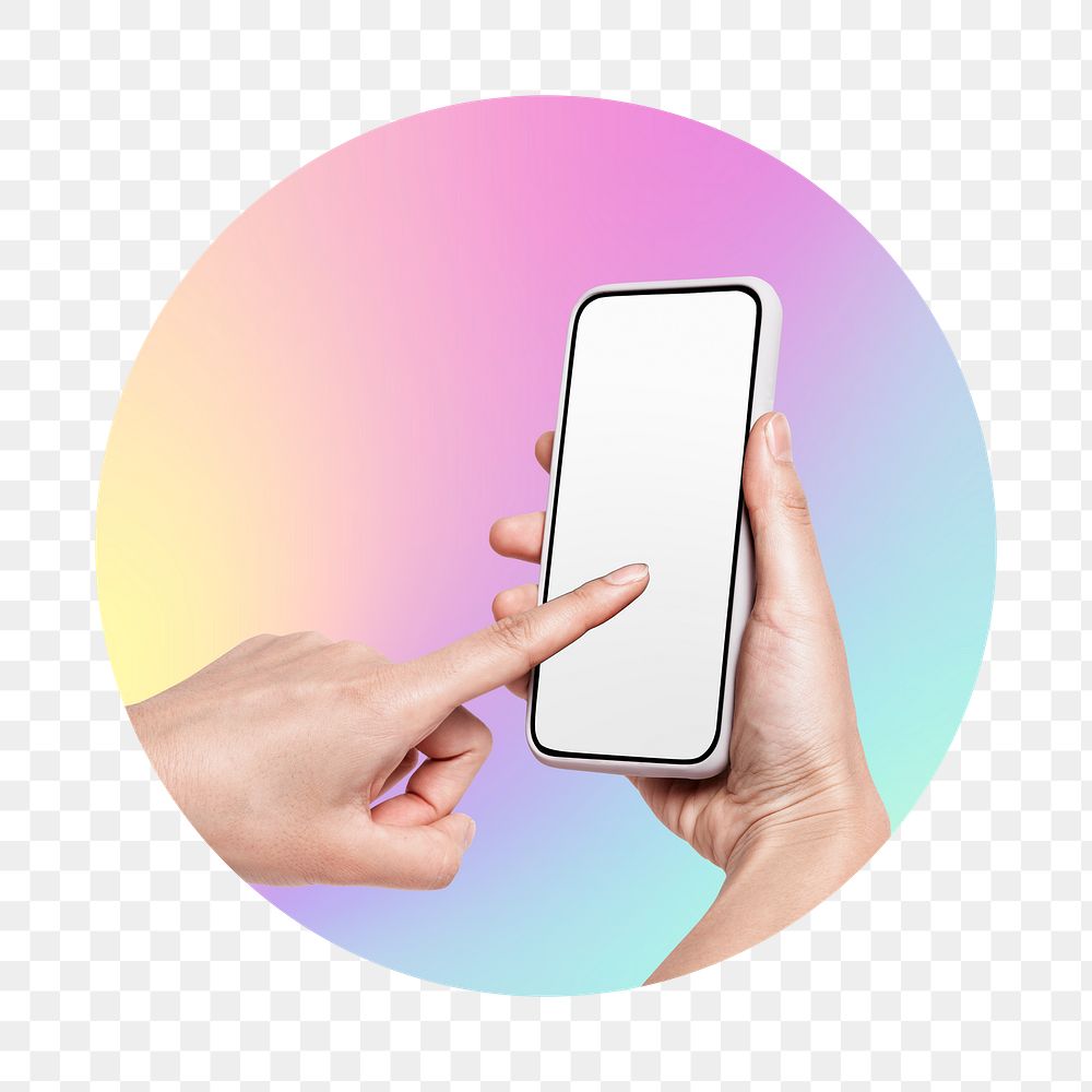 Hand using phone png, round badge, transparent background