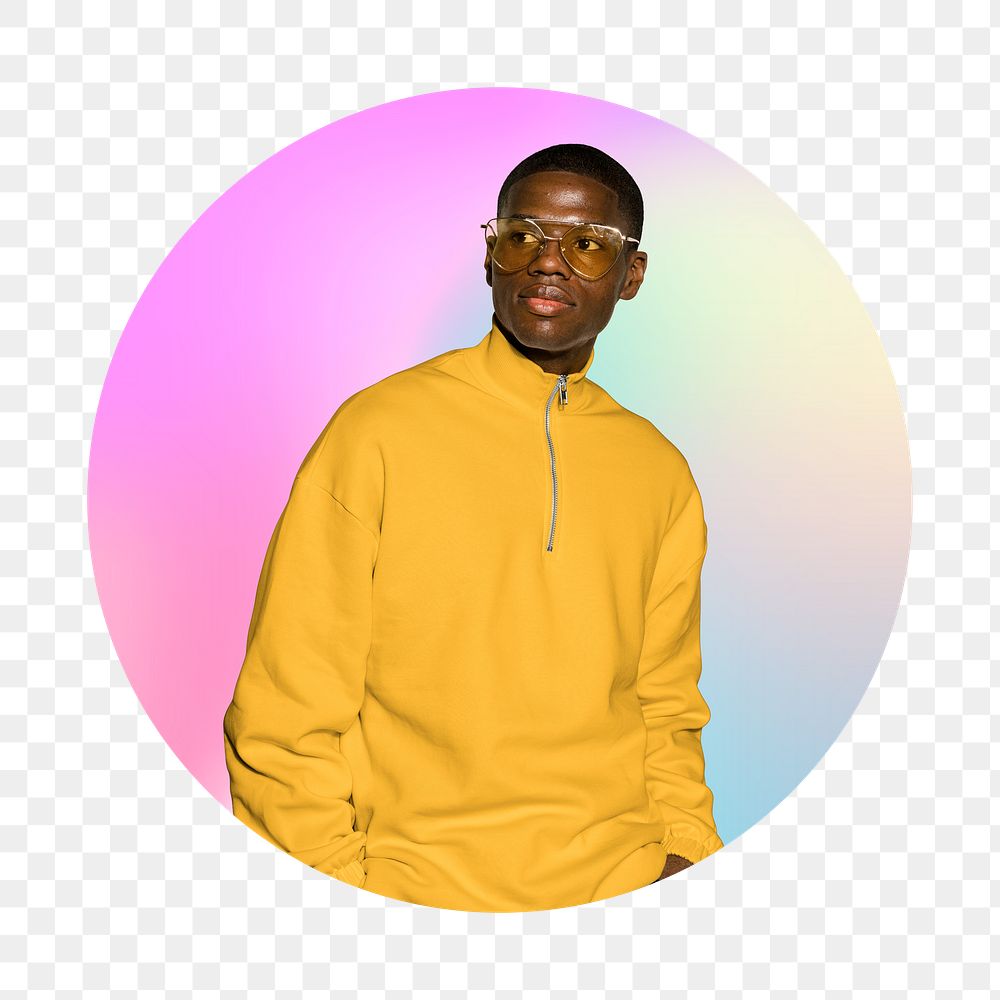 Png fashionable man wearing glasses, round badge, transparent background