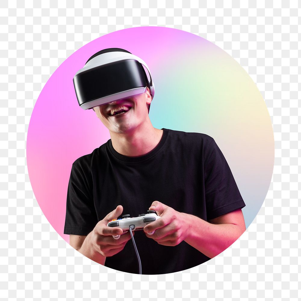 Png man wearing vr glass, metaverse game play concept, round badge, transparent background