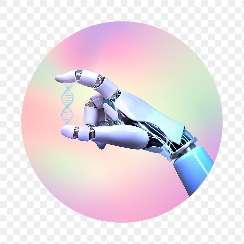 AI robot hand png, round badge, transparent background