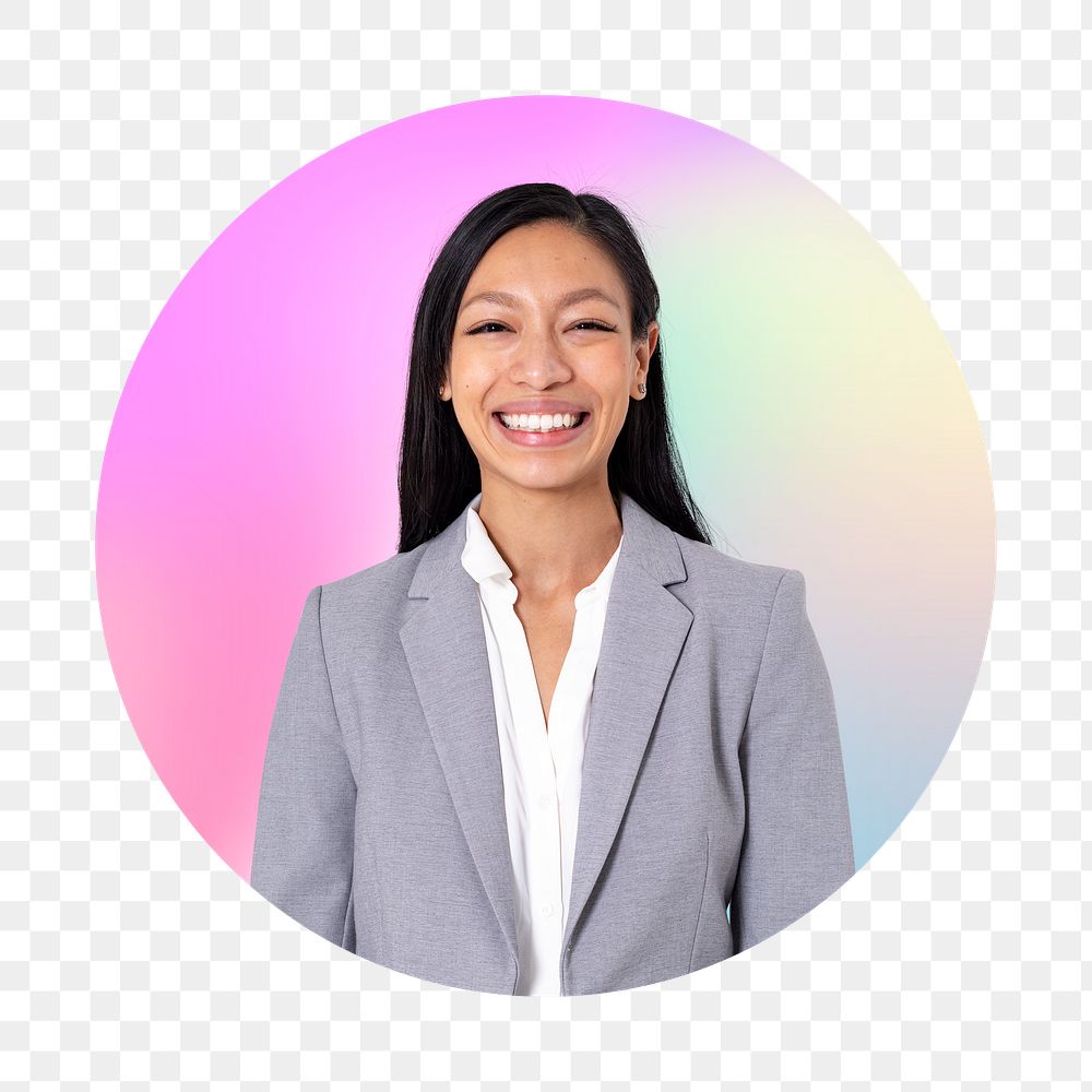 Happy Asian businesswoman png, round badge, transparent background