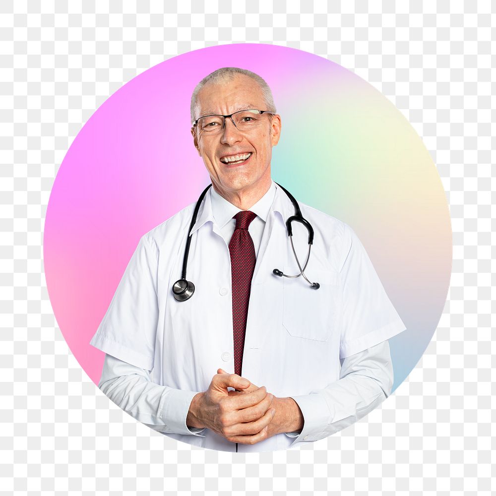 Male doctor png with stethoscope, round badge, transparent background