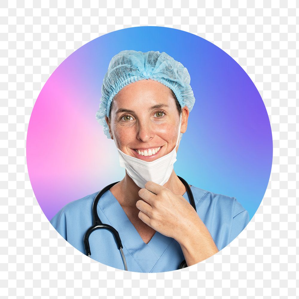 Female surgeon png, round badge, transparent background