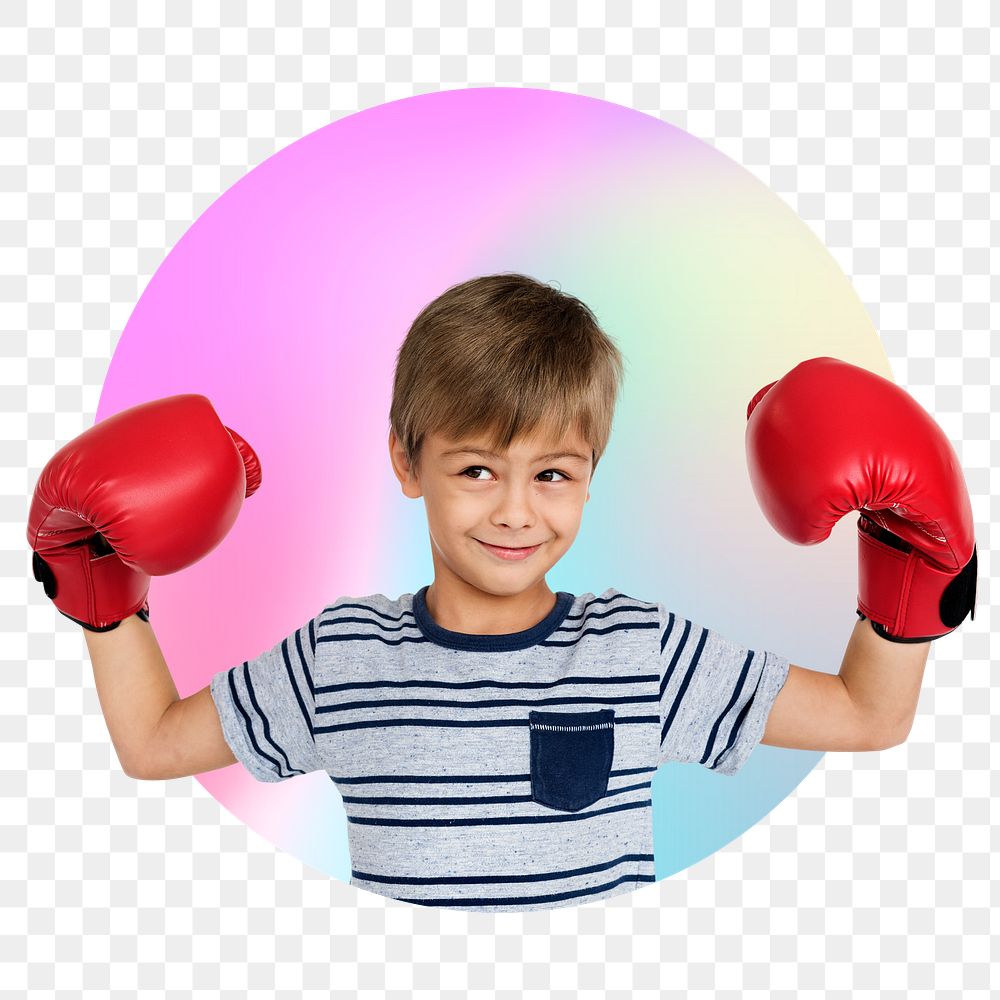 Png boy wearing boxing glove, future athlete, round badge, transparent background
