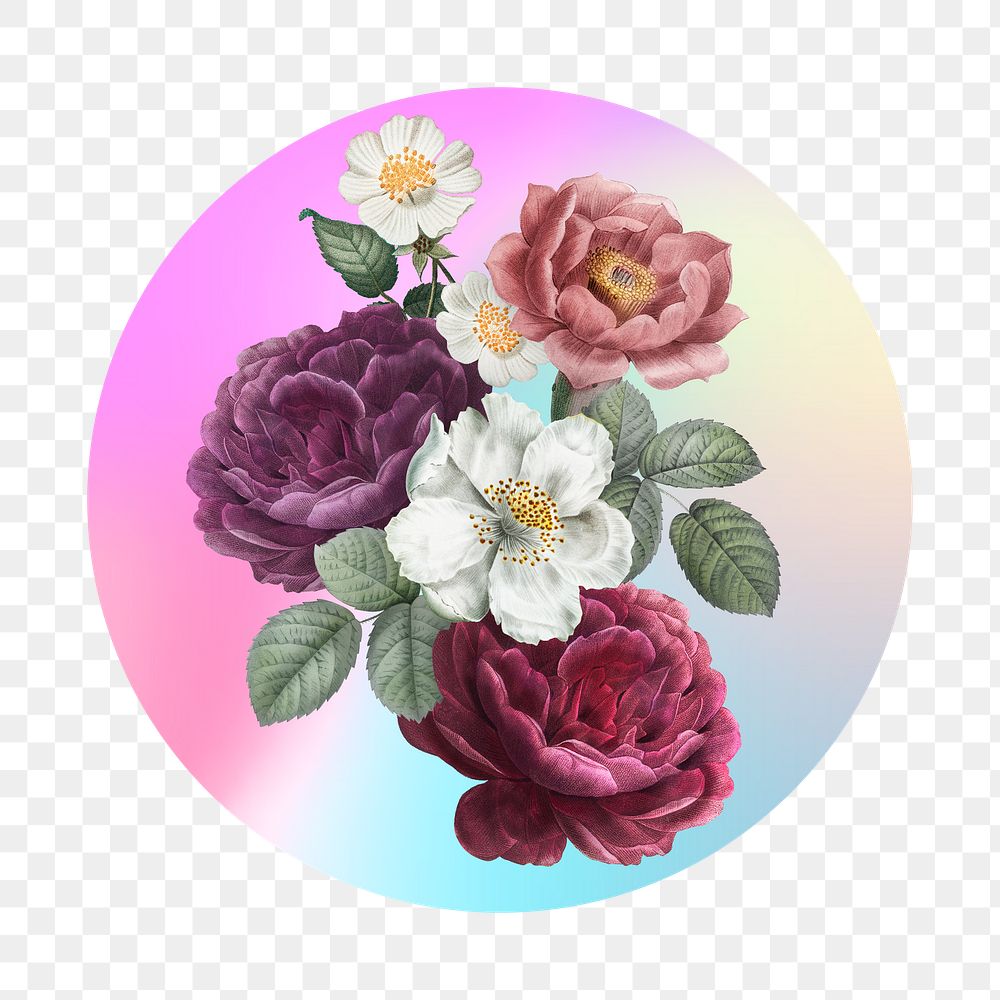 Rose png on gradient shape, round badge in transparent background