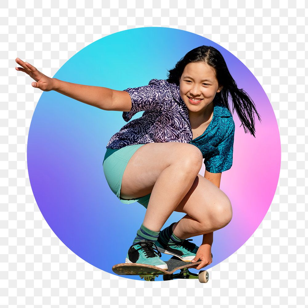 Young woman skateboarding png, round badge, transparent background