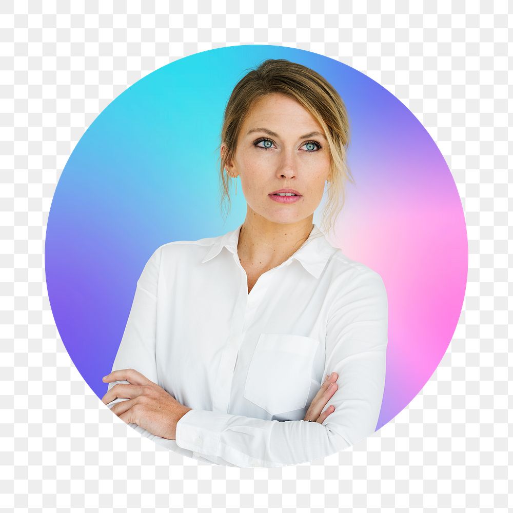 Png armed cross businesswoman, round badge, transparent background