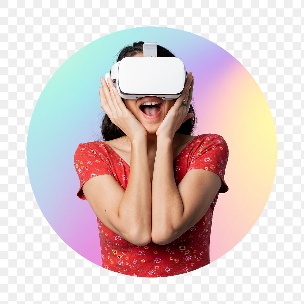 Png woman wearing vr glass, metaverse concept, round badge, transparent background