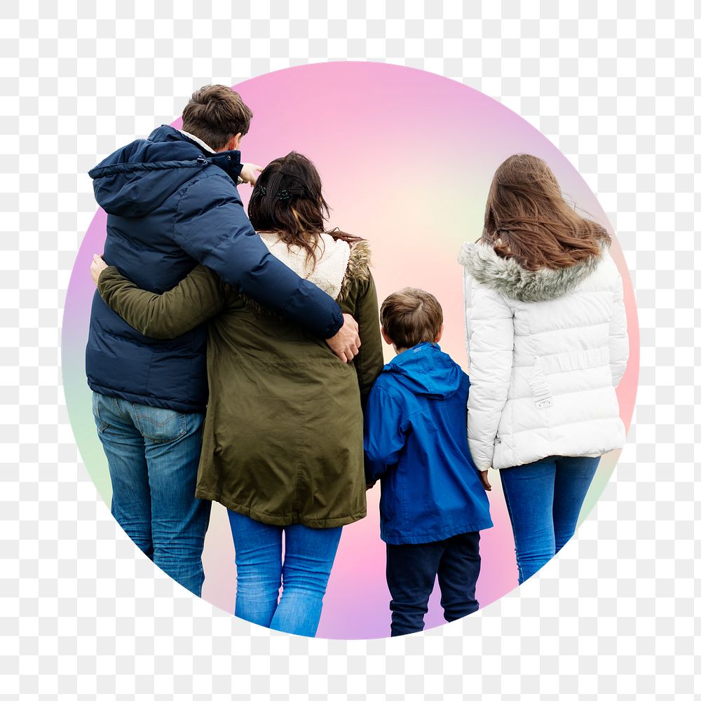 Happy family png, round badge, transparent background