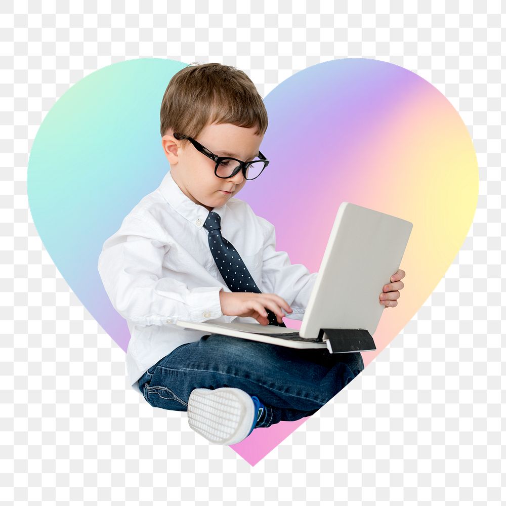 Png boy using a laptop, heart badge design in transparent background