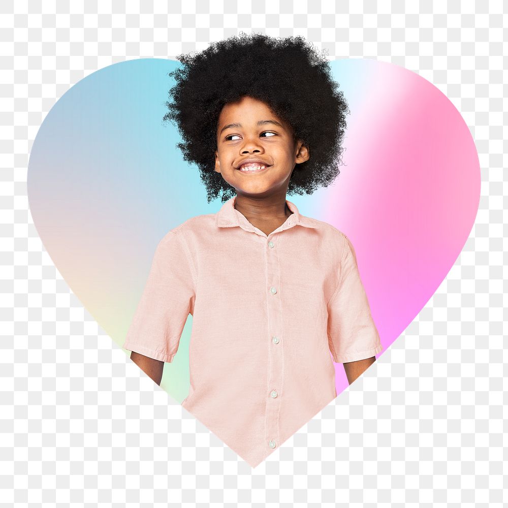 Smiling little boy png, heart badge design in transparent background