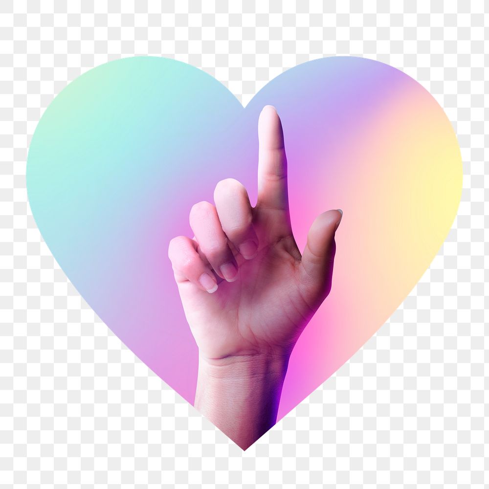 Finger point up png, heart badge design in transparent background