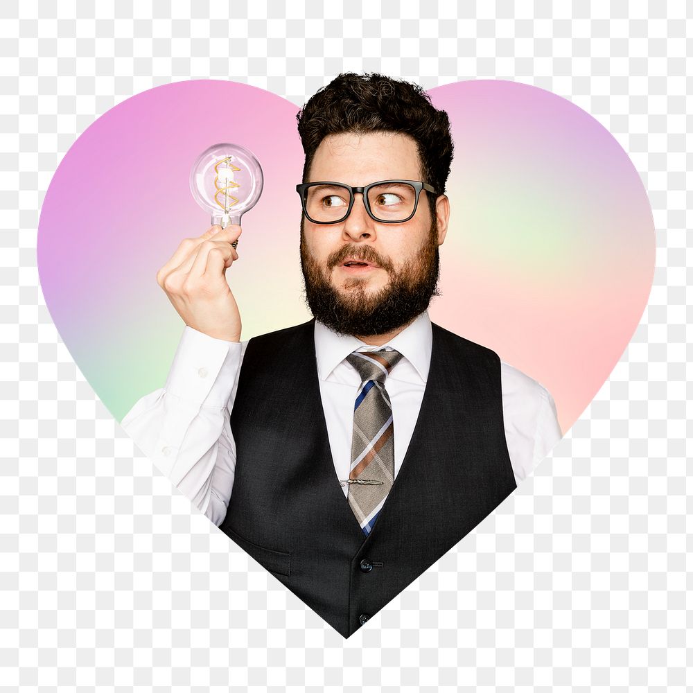 Png innovator with fresh idea, heart badge design in transparent background
