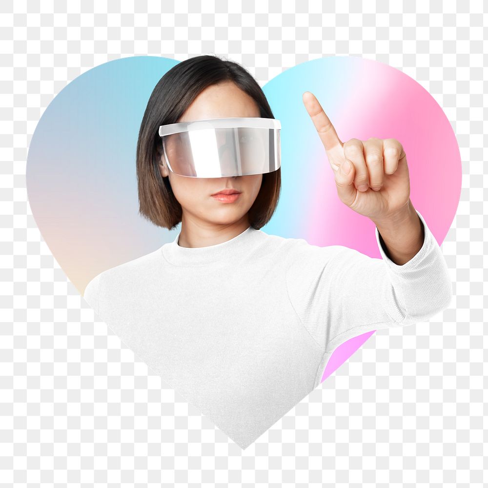 Png woman wearing vr glass, metaverse concept, heart badge design in transparent background