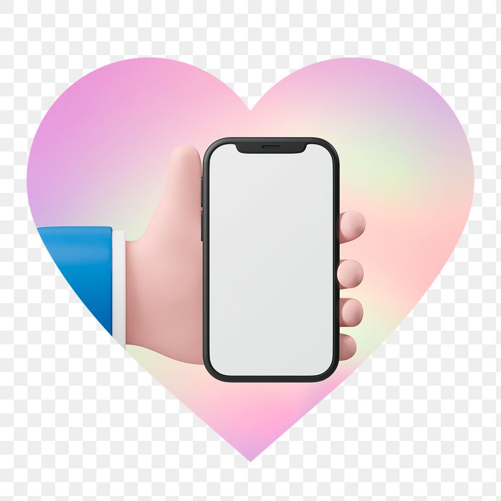 Hand using phone png, heart badge design in transparent background