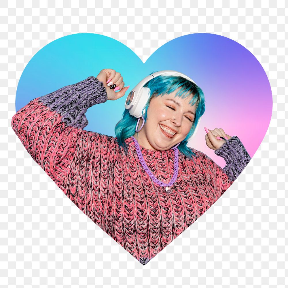 Png woman listening to music with headphones, heart badge design in transparent background