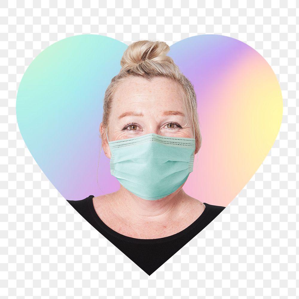 Png woman wearing surgical mask, heart badge design in transparent background