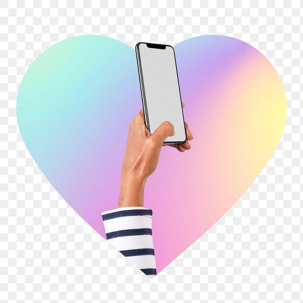 Hand holding phone png, heart badge design in transparent background