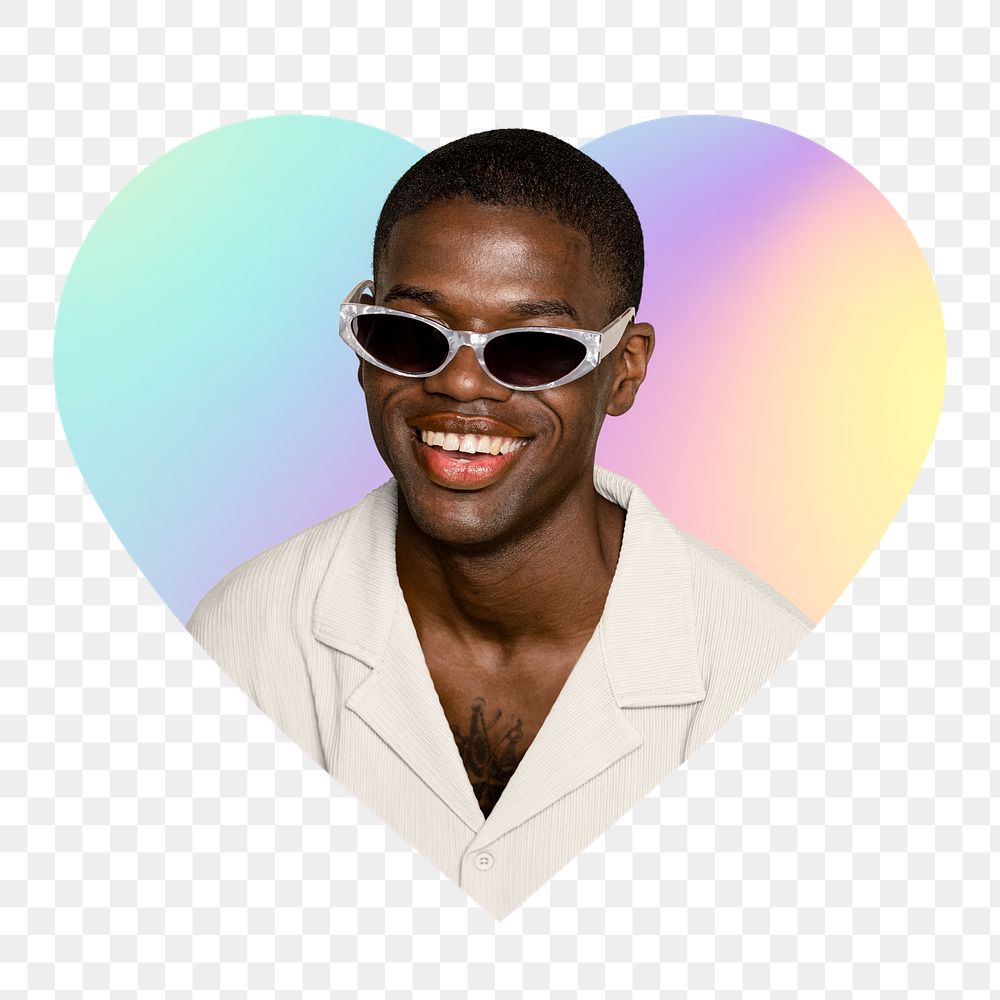 Man wearing sunglasses png, heart badge design in transparent background