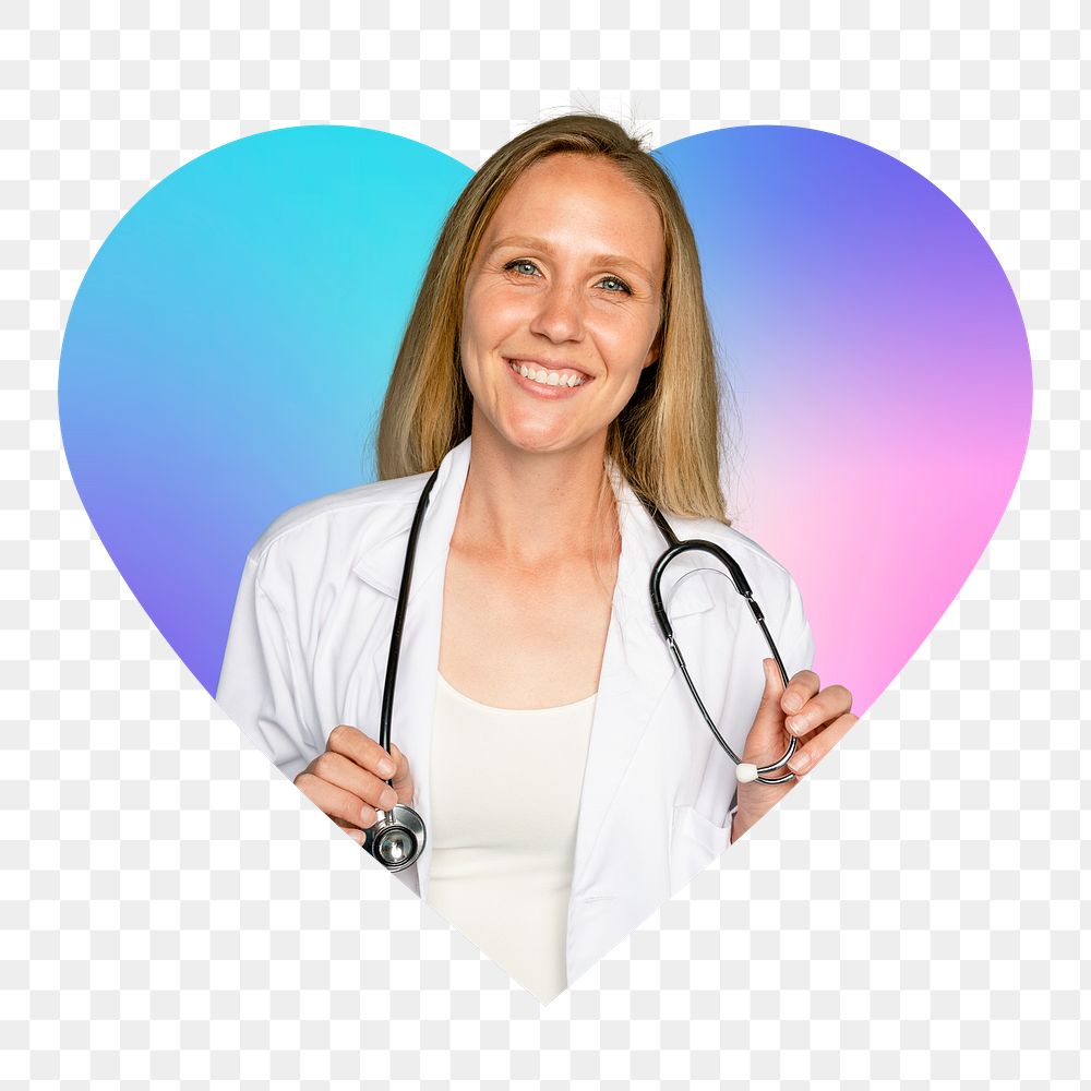 Female doctor png with stethoscope, heart badge design in transparent background