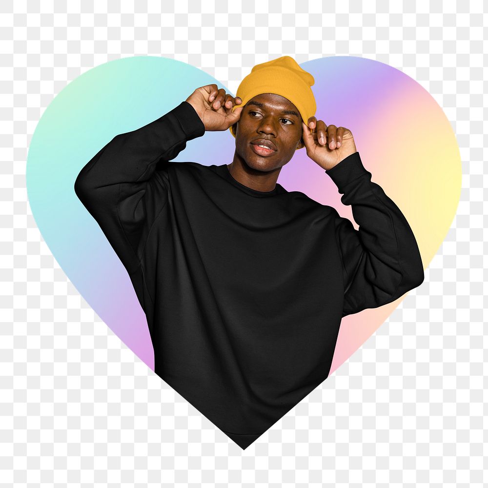 Png fashionable black man wearing yellow beanie, heart badge design in transparent background