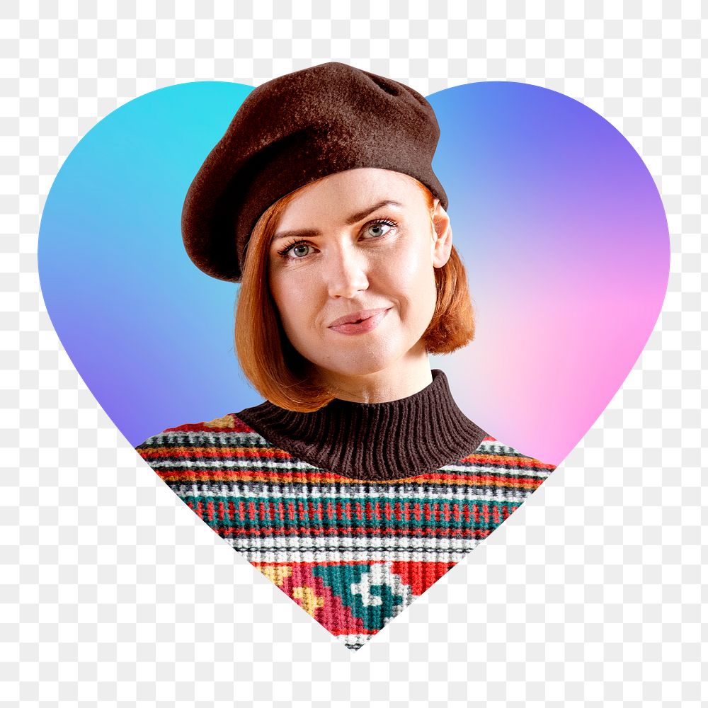 Artsy woman png, heart badge design in transparent background