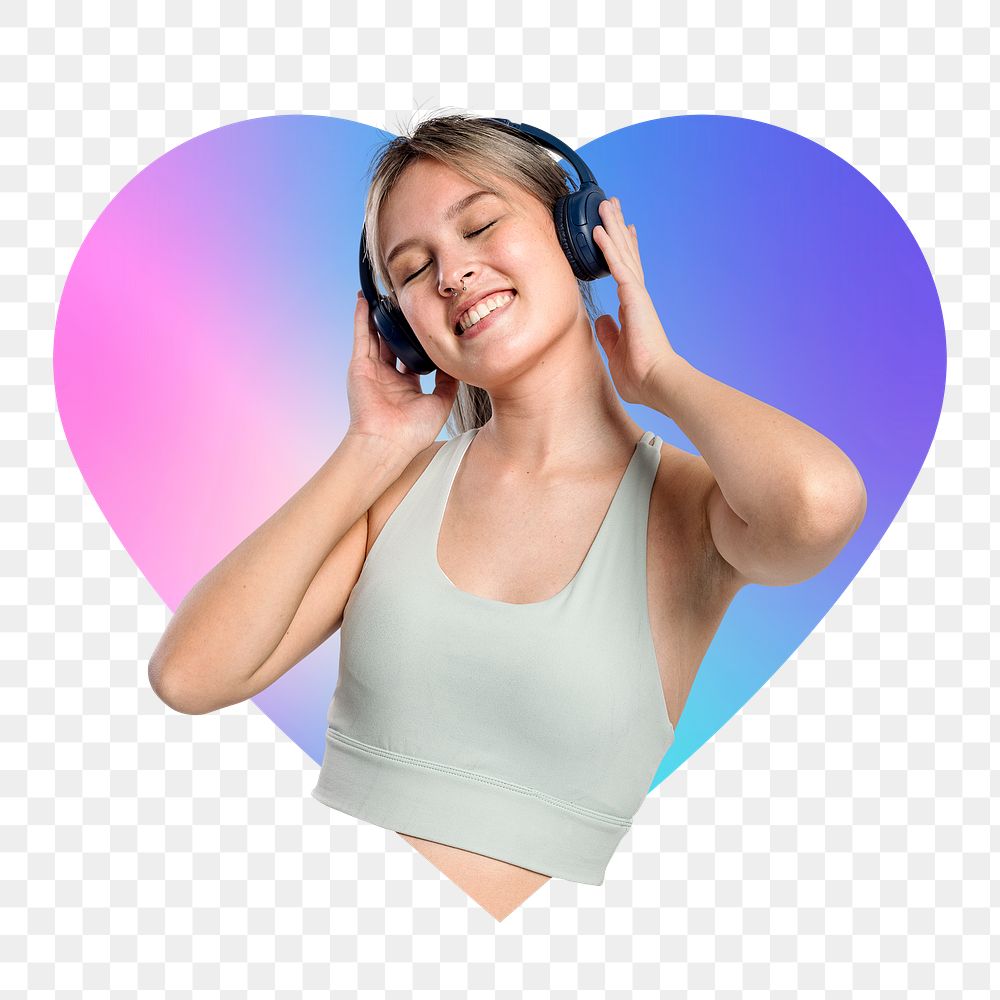 Png woman listening to music on headphone, heart badge design in transparent background