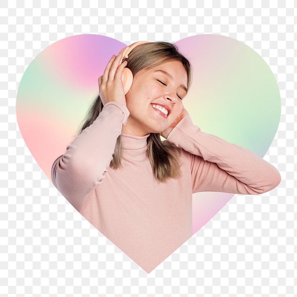 Happy woman listening to music, heart badge design in transparent background