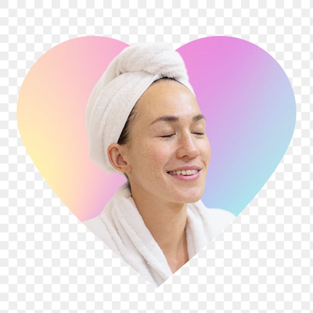 Relaxed woman png in bathing robe, heart badge design in transparent background