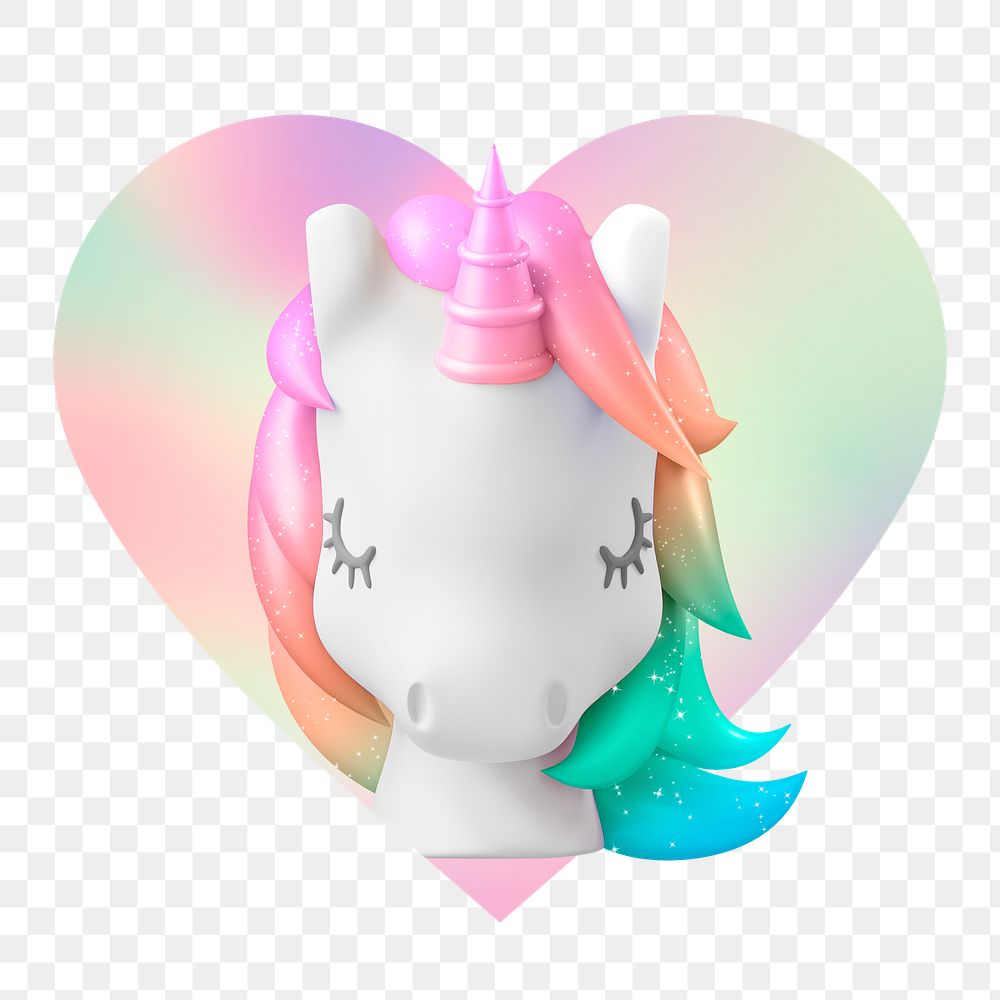 3D unicorn png, heart badge design in transparent background