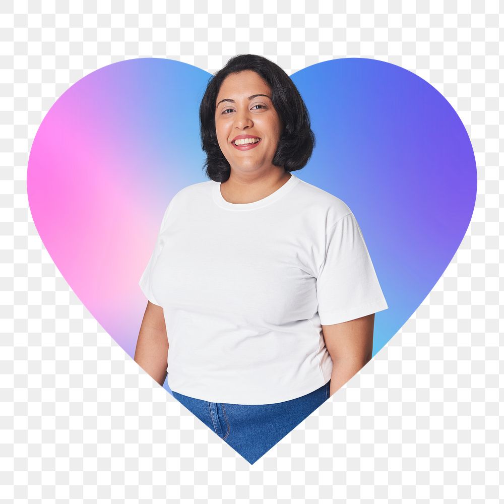 Happy woman png, heart badge design in transparent background