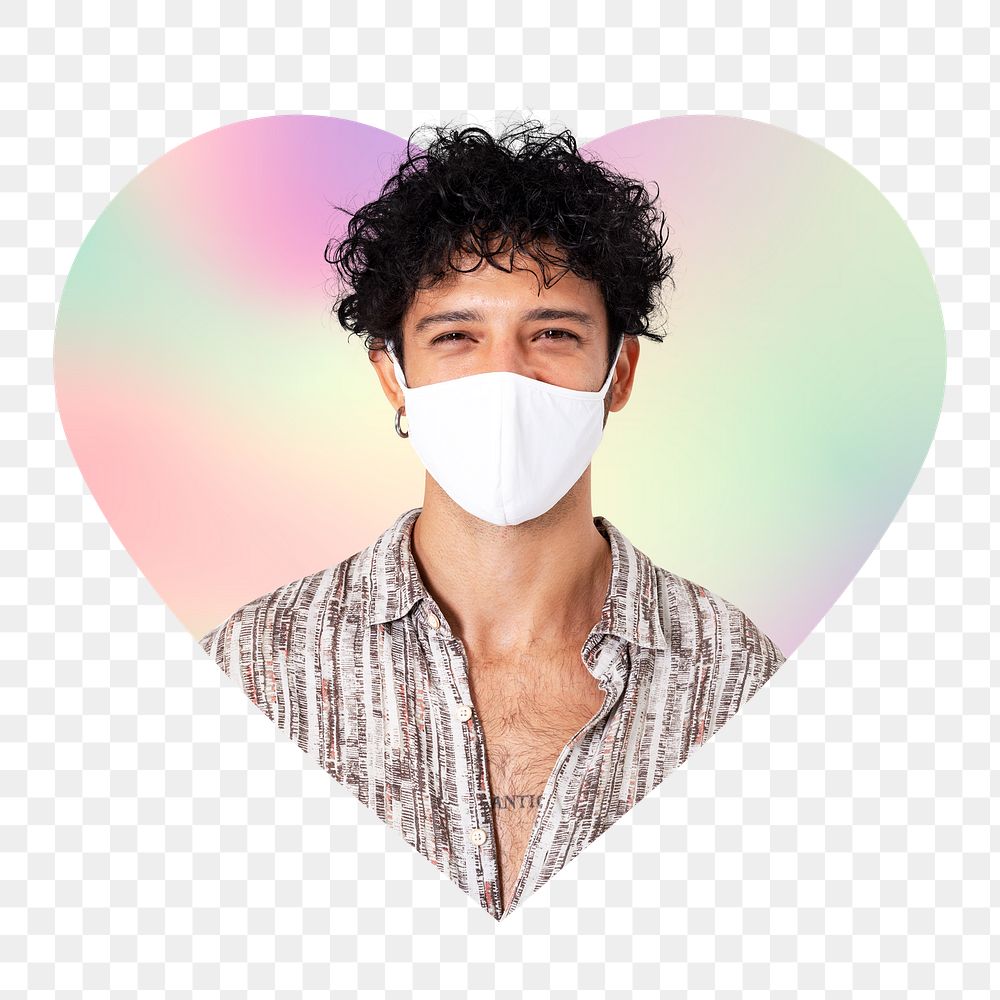 Man wearing mask png, heart badge design in transparent background