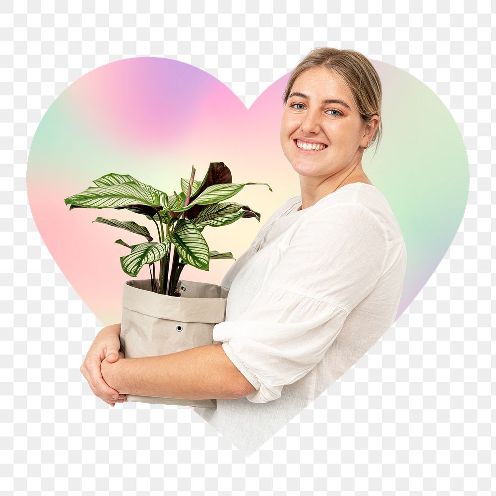Png woman carrying plant pot, heart badge design in transparent background