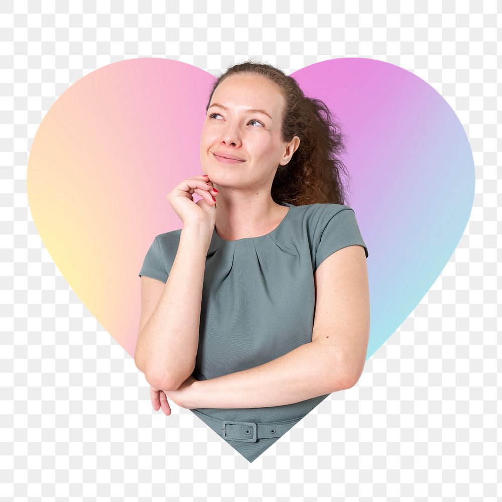 Thinking woman png, heart badge design in transparent background