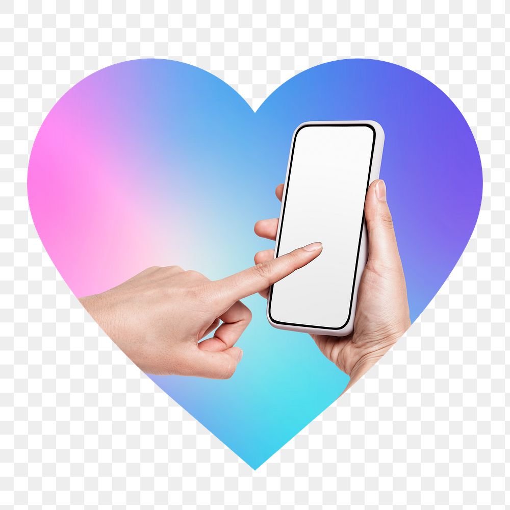 Hand using phone png, heart badge design in transparent background