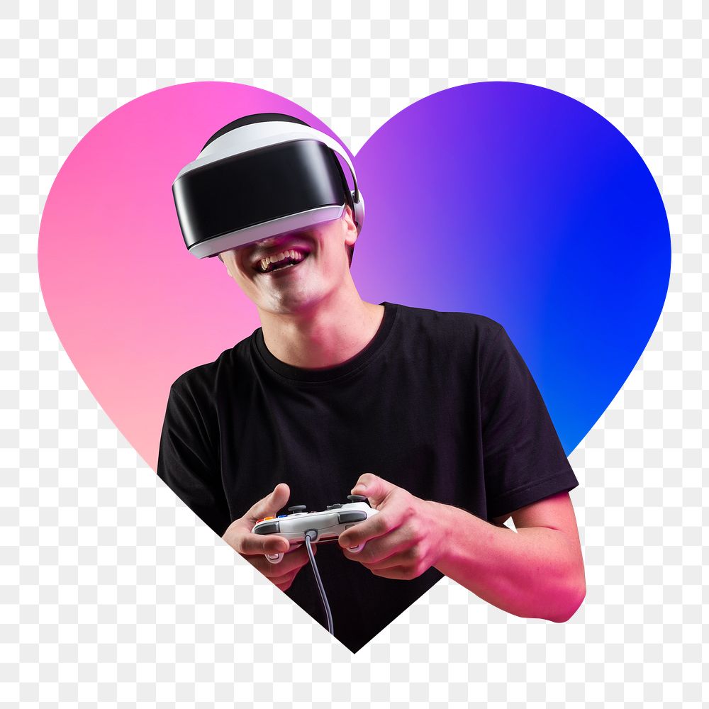 Man wearing vr glass, metaverse game play concept, heart badge design in transparent background