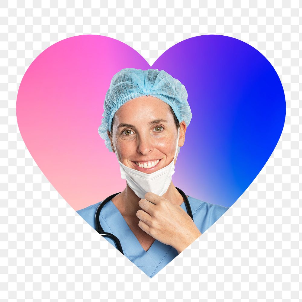Female surgeon png, heart badge design in transparent background