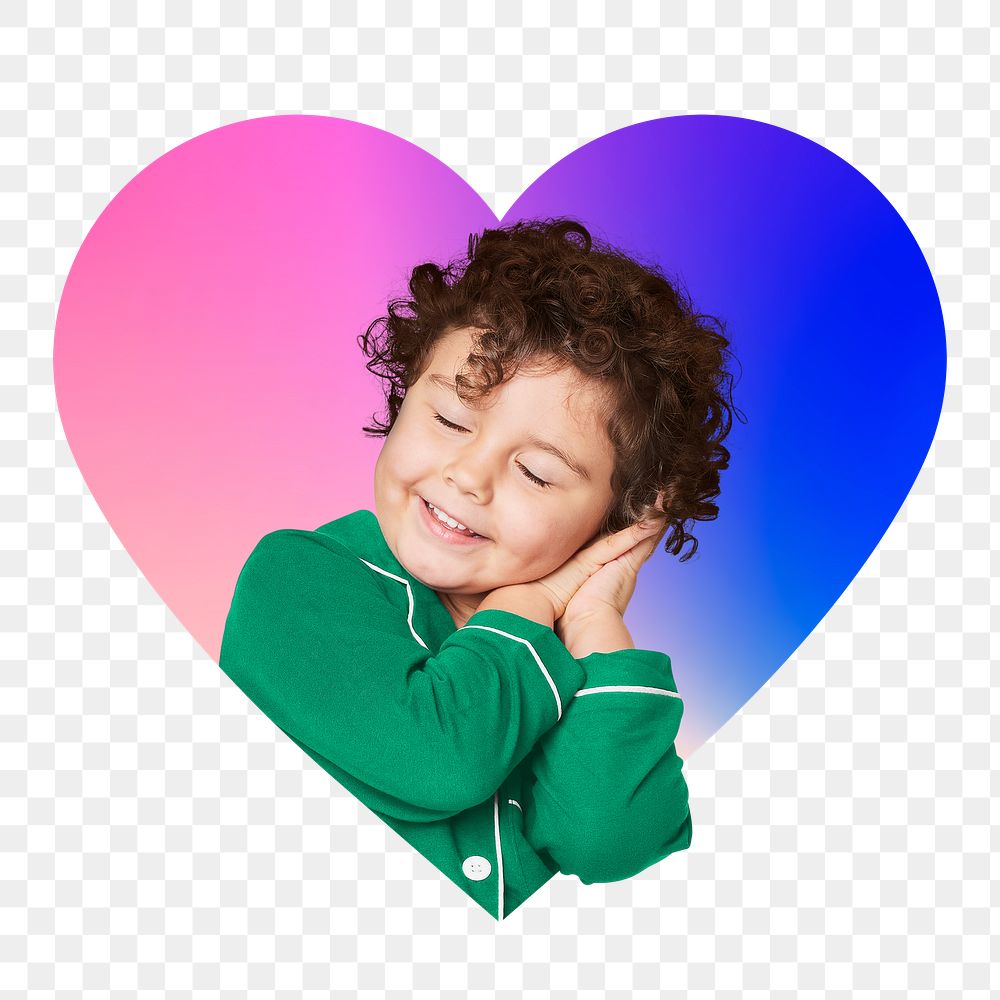 Png sleepy boy in pajamas, heart badge design in transparent background